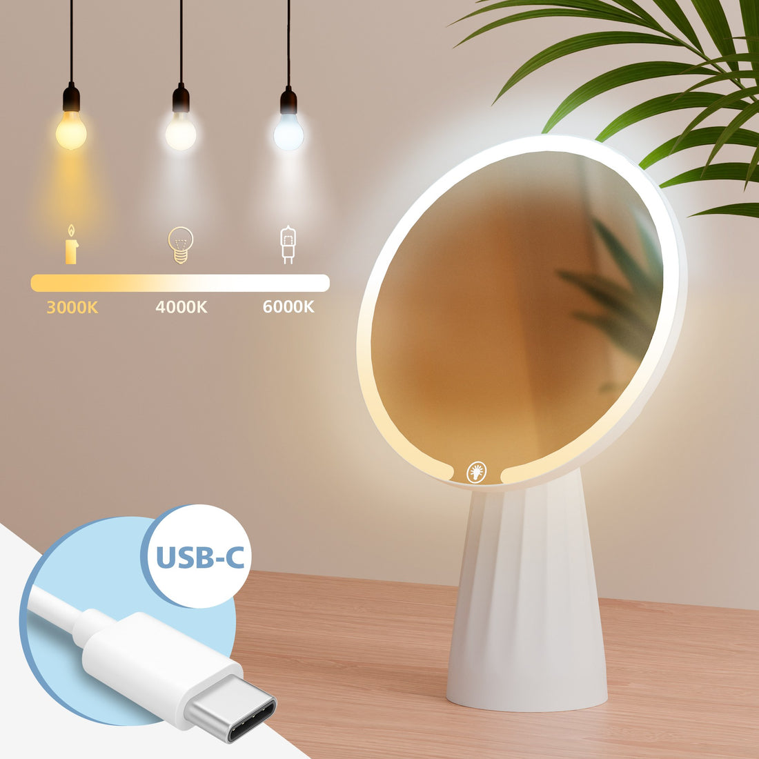 Make-up Spiegel - Cosmeticaspiegel - Dimbare LED Verlichting, USB-C Opladen Kleur wit