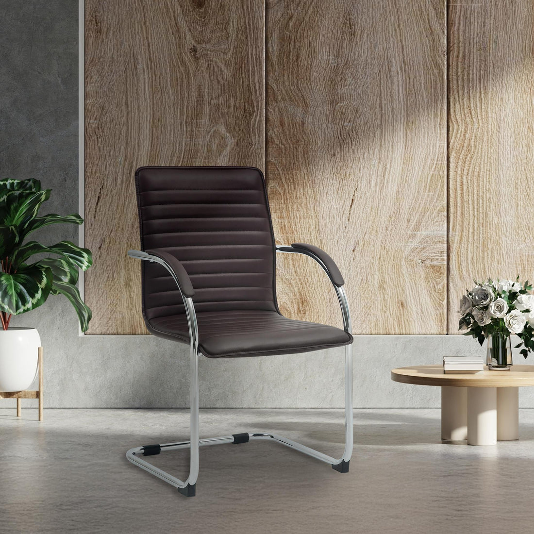 Set van 2 Eetkamerstoelen Kunstleer - Sledestoelen - Comfortabele Zitting en Armleuningen Kleur bruin