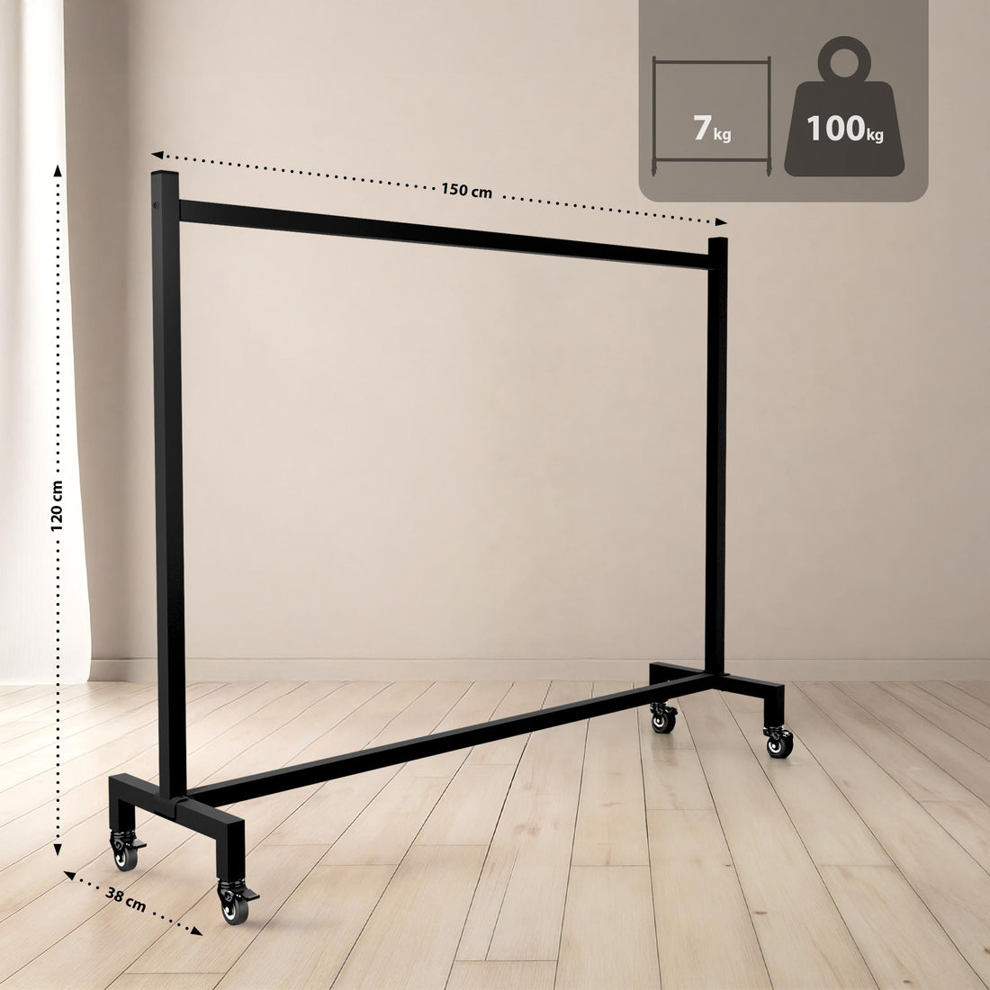 Kledingrek Zwart – Garderoberek – Verplaatsbaar & Stabiel – Staal – 150x38x120 cm – 100kg Kleur zwart