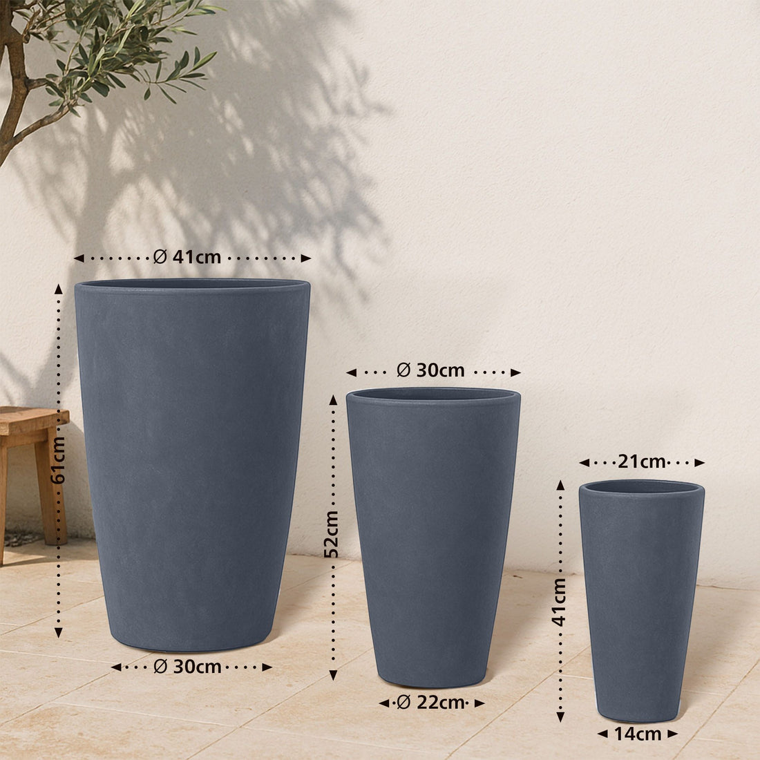 Set van 3 Ronde Bloempotten - Vezelklei - Duurzaam & Weerbestendig Kleur antraciet