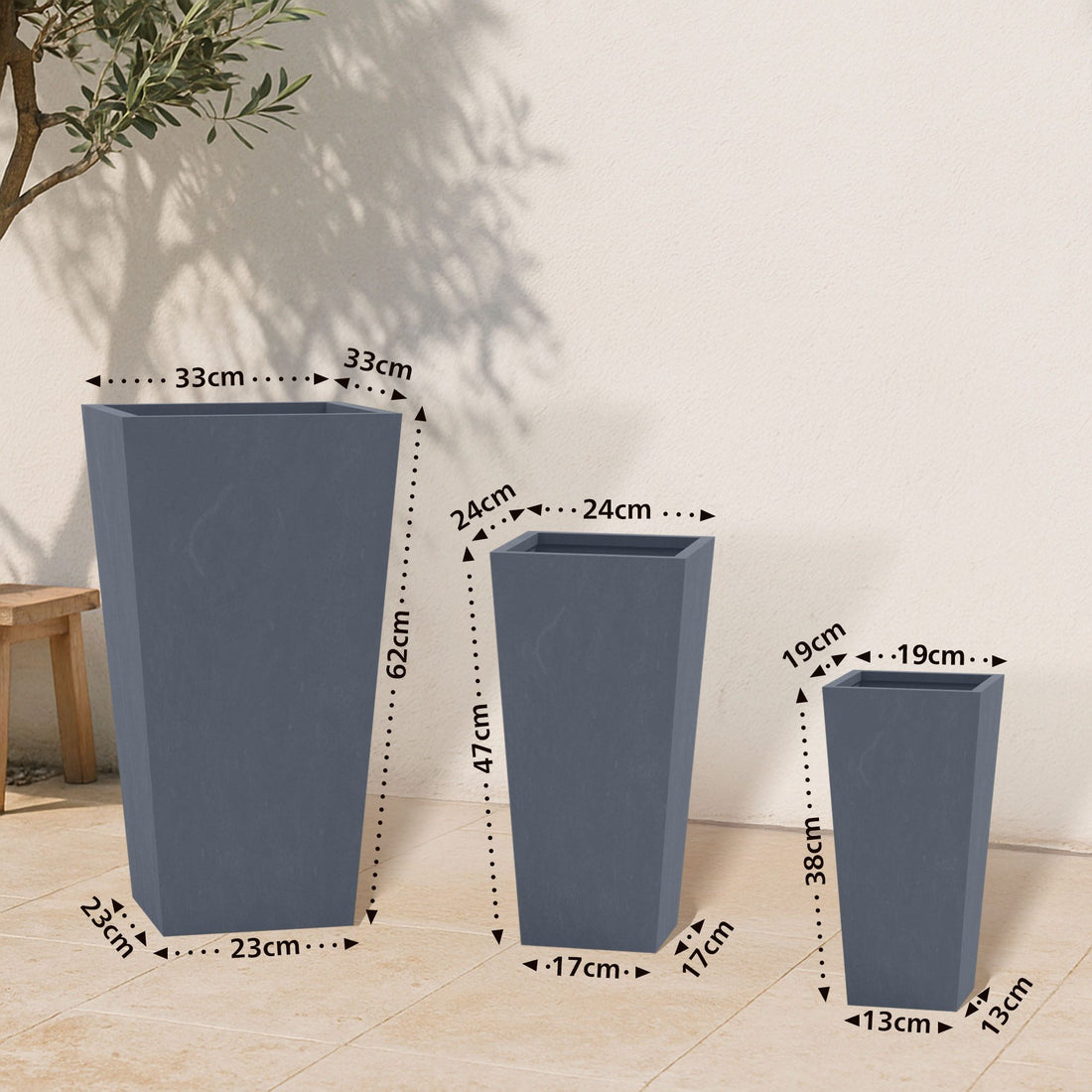 Set van 3 Vierkante Bloempotten - Plantpotten - Weerbestendig en Ademend Design Kleur antraciet