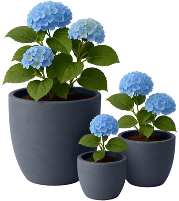 Set van 3 Ronde Plantenbakken - Bloempotten - Weerbestendig Fiberclay Design Kleur antraciet