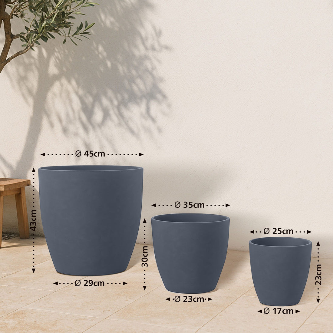 Set van 3 Ronde Plantenbakken - Bloempotten - Weerbestendig Fiberclay Design Kleur antraciet