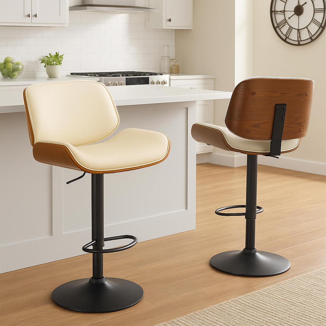 Barkruk - Kruk - Kunstleer & Ergonomisch Comfort - Verstelbaar & Draaibaar 360° Kleur walnoot/crème