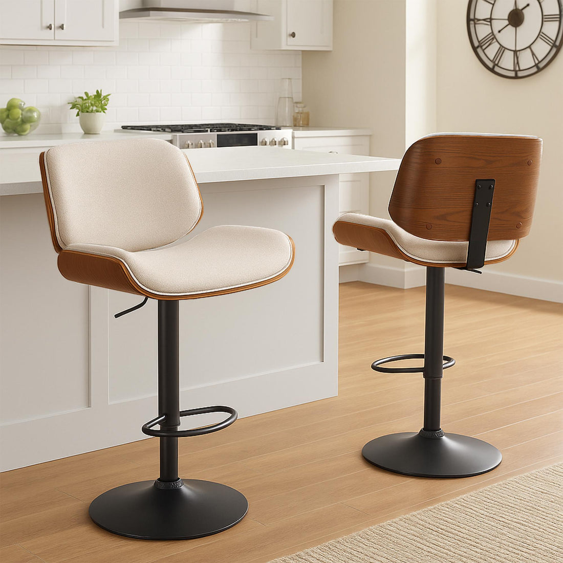Barkruk Walnoot Design - Kruk - In Hoogte Verstelbaar, 360° Draaibaar Comfort Kleur walnoot/crème