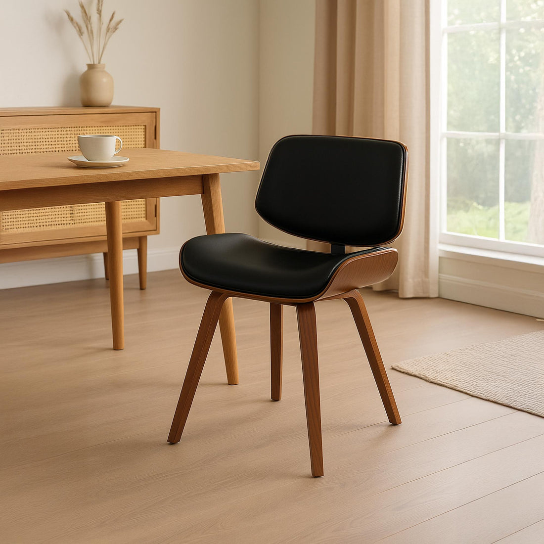 Design Eetkamerstoel Kunstleer - Retrostoel - Hoog Zitcomfort, Walnoot Beukenhout Kleur walnoot/zwart