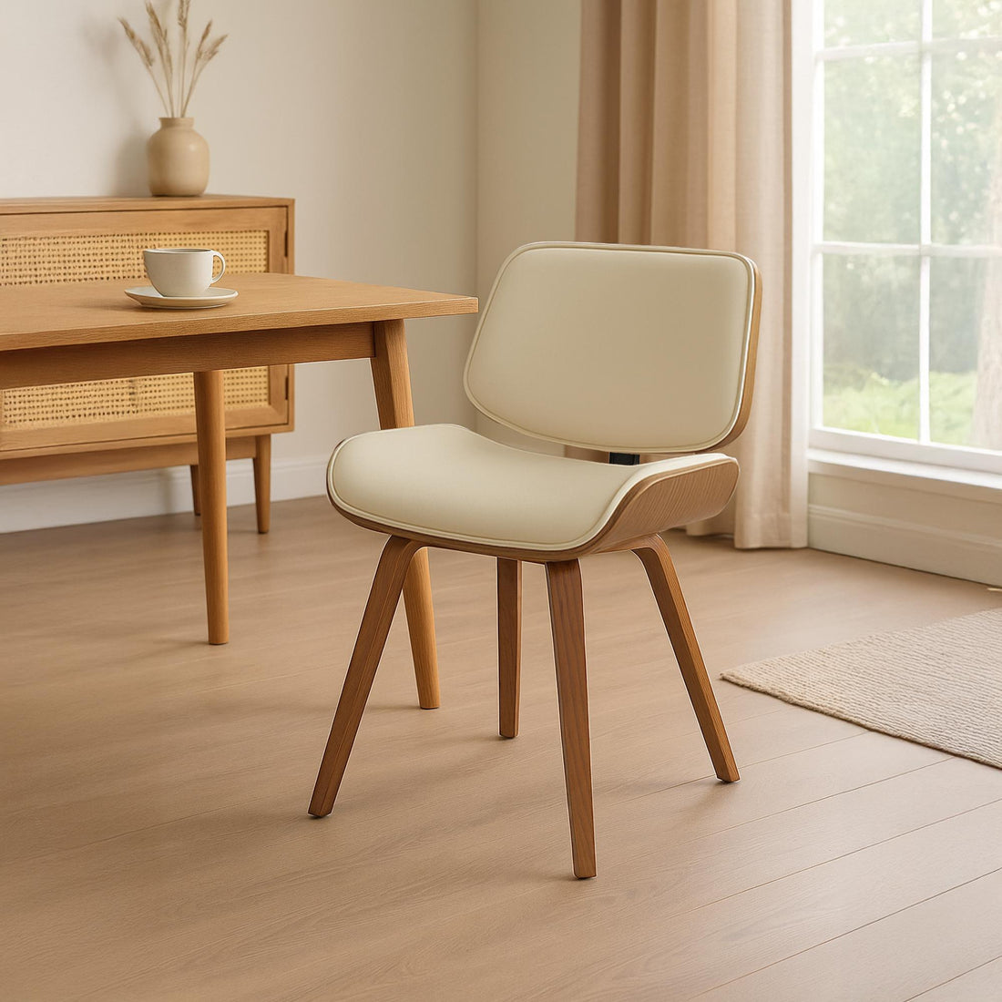 Retro Eetkamerstoel Kunstleer - Designstoel - Hoog Zitcomfort Kleur walnoot/crème