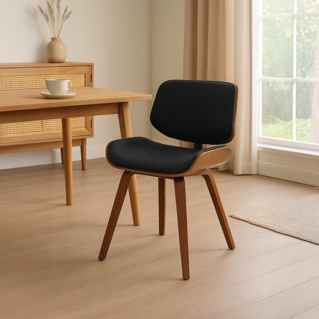 Eetkamerstoel Met Stoffen Bekleding - Retro Design - Hoog Zitcomfort Kleur walnoot/zwart