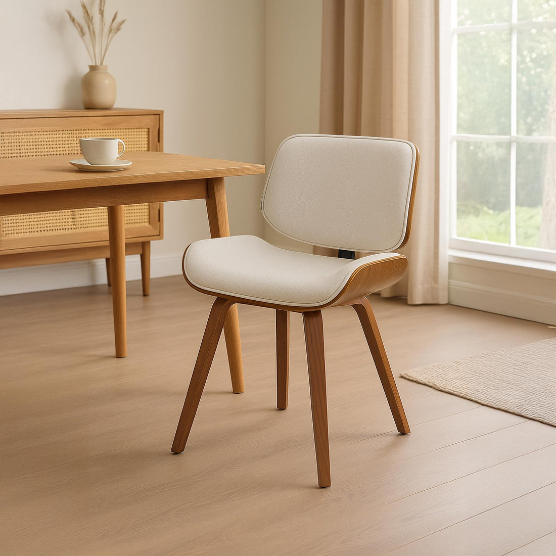 Retro Eetkamerstoel - Designstoel - Hoog Comfort - Walnoot Hout en Zachte Stof Kleur walnoot/crème