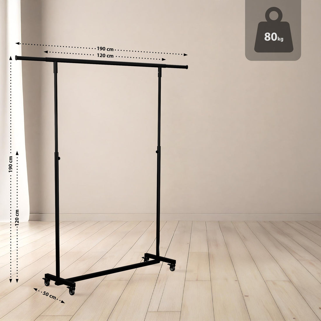 Kledingrek Metaal – Garderoberek – Ruimtebesparend & Verstelbaar – 120x50x188 cm – Met wielen Kleur zwart