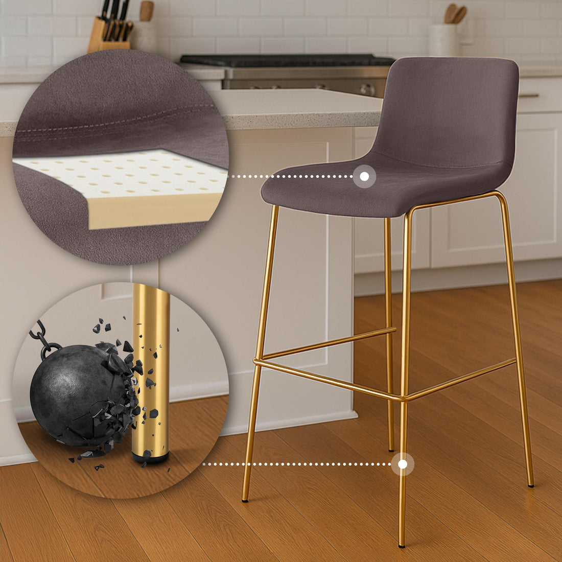 Barkruk Velvet Zitting - Hoge Kruk - Comfort & Elegantie in Goudkleurig Onderstel Kleur bruin