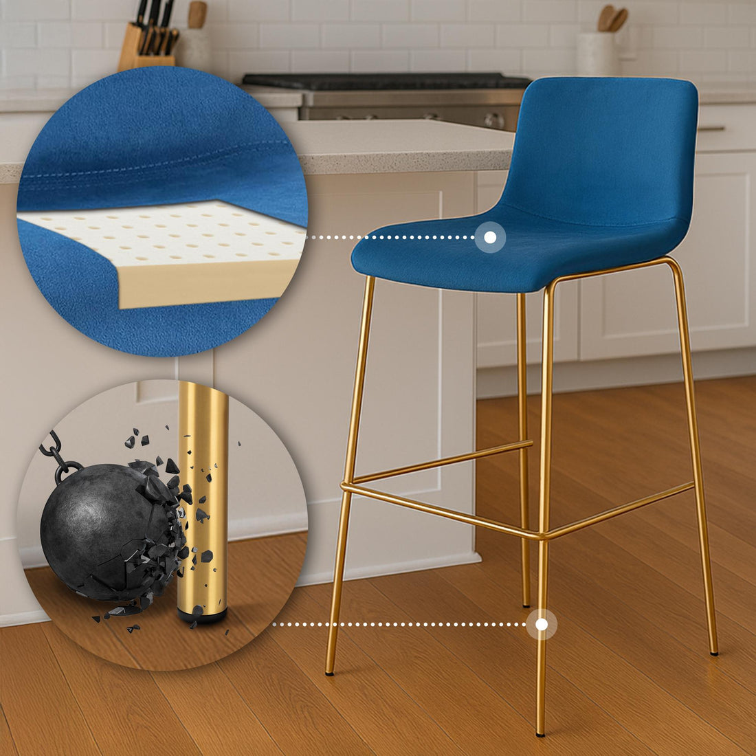 Barkruk - Hoge Kruk - Fluwelen Zitting, Gouden Onderstel, Hoog Zitcomfort Kleur blauw
