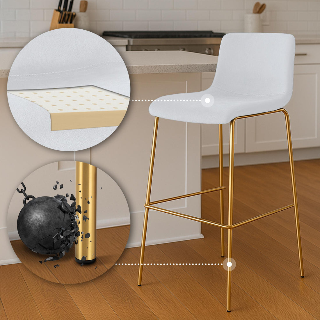 Fluwelen Barkruk - Hoge Kruk - Elegante Goudkleurige Steun & Hoog Zitcomfort Kleur crème