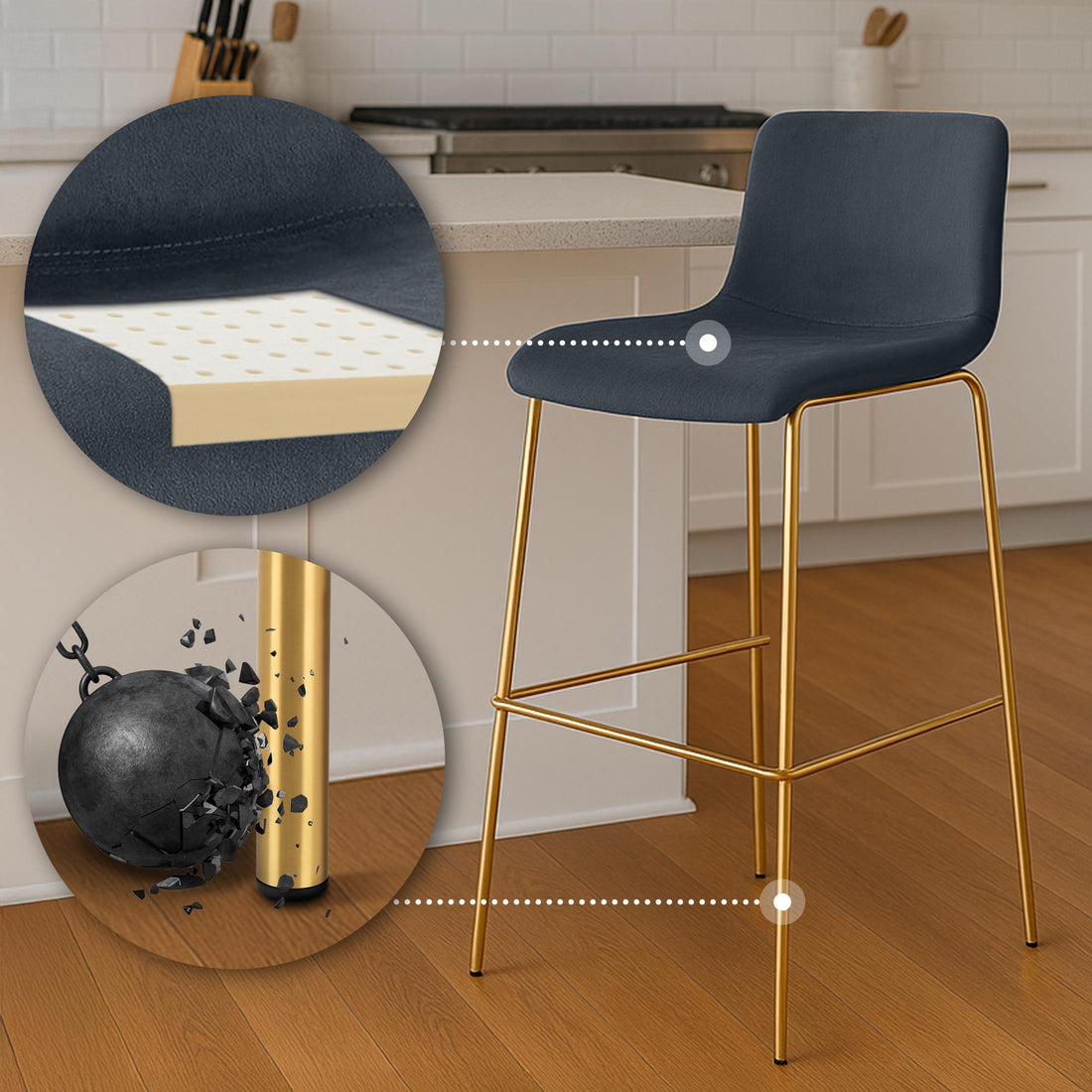 Barkruk Fluweel - Kruk - Extra Zitcomfort, Gouden Vierpoots Frame Kleur zwart