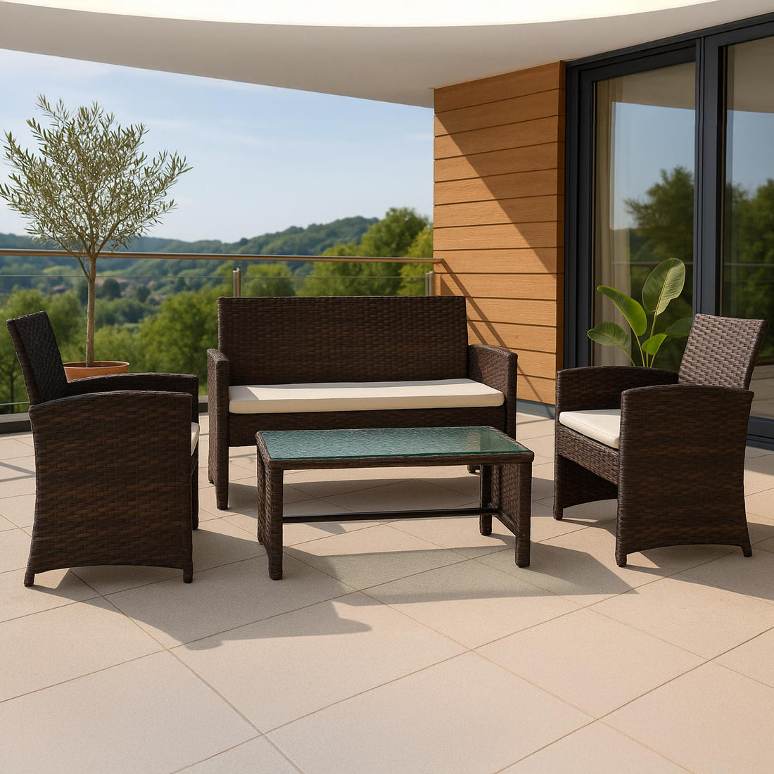 4-delige loungeset tuin – Loungeset vlechtwerk – UV-bestendig, comfortabel en onderhoudsvriendelijk Kleur bruin