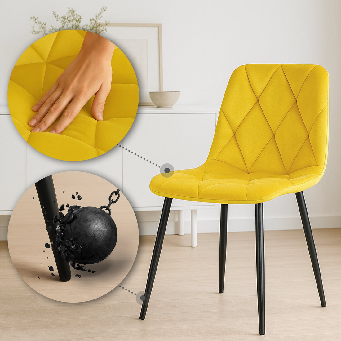 Fluwelen Eetkamerstoel - Gestoffeerde Comfortstoel - Onderhoudsvriendelijk Design Kleur geel