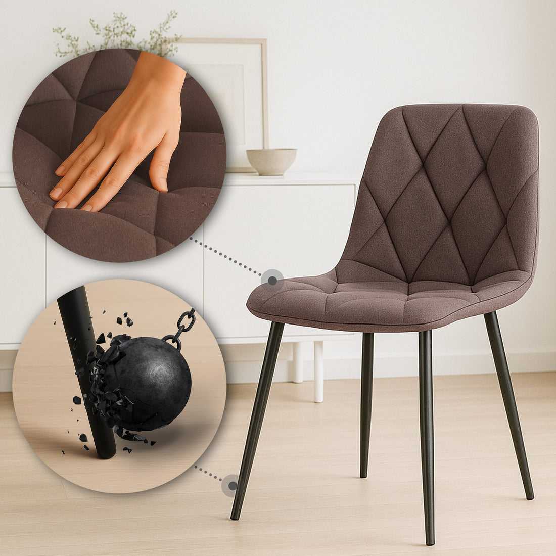 Eetkamerstoel Fluweel - Moderne Designstoel - Buitengewoon Zitcomfort, Zwarte Metalen Poten Kleur bruin