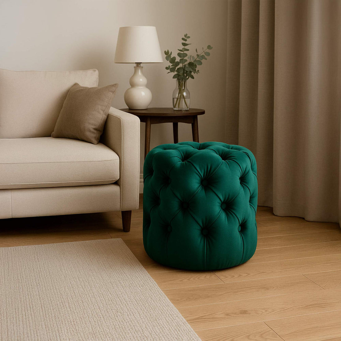 Fluwelen hocker Chesterfield – Voetenbank, Poef – Elegant design, gemakkelijk schoon te maken Kleur donkergroen