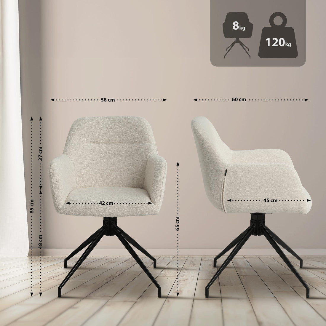 Draaibare eetkamerstoel crème – Keukenstoel – Teddy stof, 360° draaibaar, extra comfortabel Kleur crème