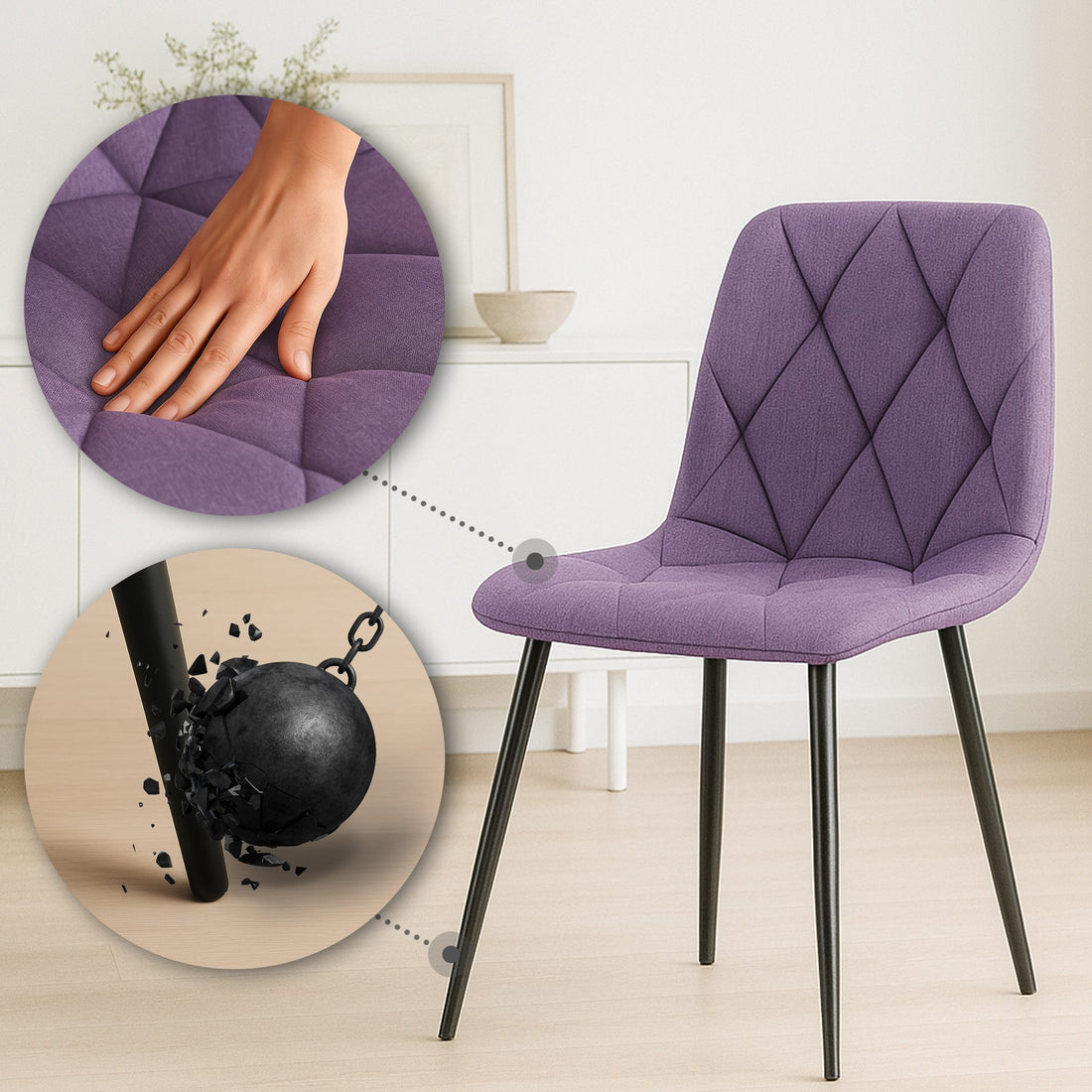 2-delige set Eetkamerstoelen - Keukenstoelen - Elegant fluweel, Hoog comfort Kleur paars
