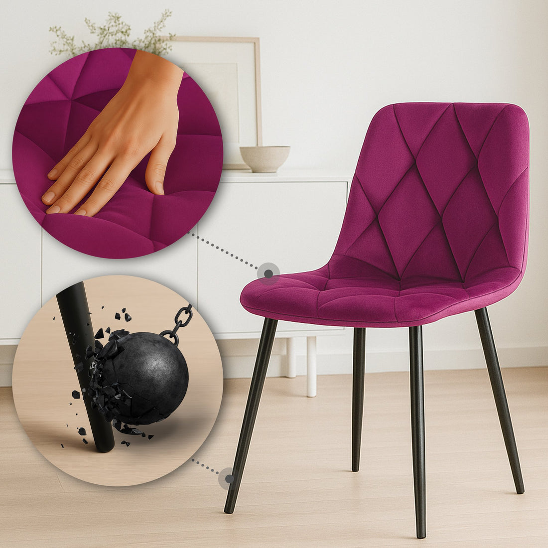 2-delige set Eetkamerstoelen - Dining Chairs - Hoog Zitcomfort - Fluweel Bekleding Kleur paars