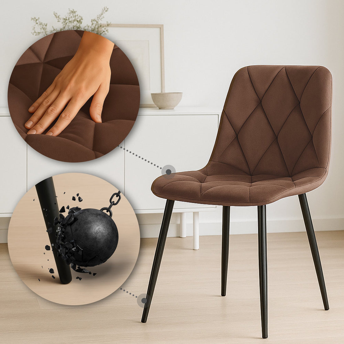2 Eetkamerstoelen Set - Keukenstoelen - Hoog Zitcomfort, Fluwelen Bekleding Kleur bruin