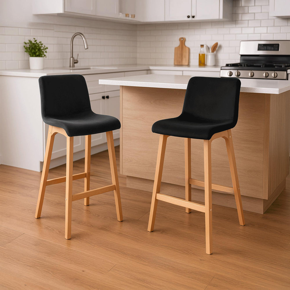 Vierpoots Fluwelen Barkruk - Hoge Kruk - Ergonomisch Comfort - Natuurlijke Beuken Afwerking Kleur zwart