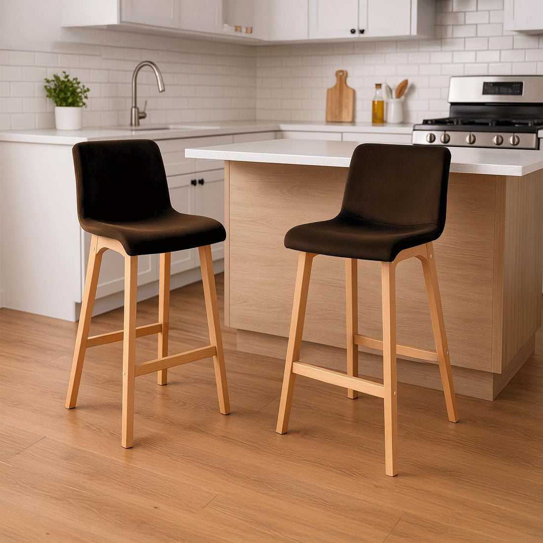 Barkruk fluweel, barstoel, ergonomisch zitcomfort, houten frame, luxe uitstraling Kleur bruin