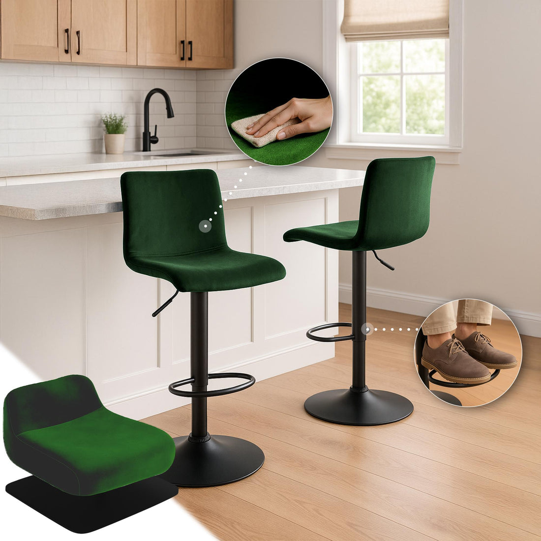 Verstelbare Fluwelen Barkruk - Stijlvol Comfort - 360° Draaibaar & Voetensteun - Groen/Zwart Kleur groen