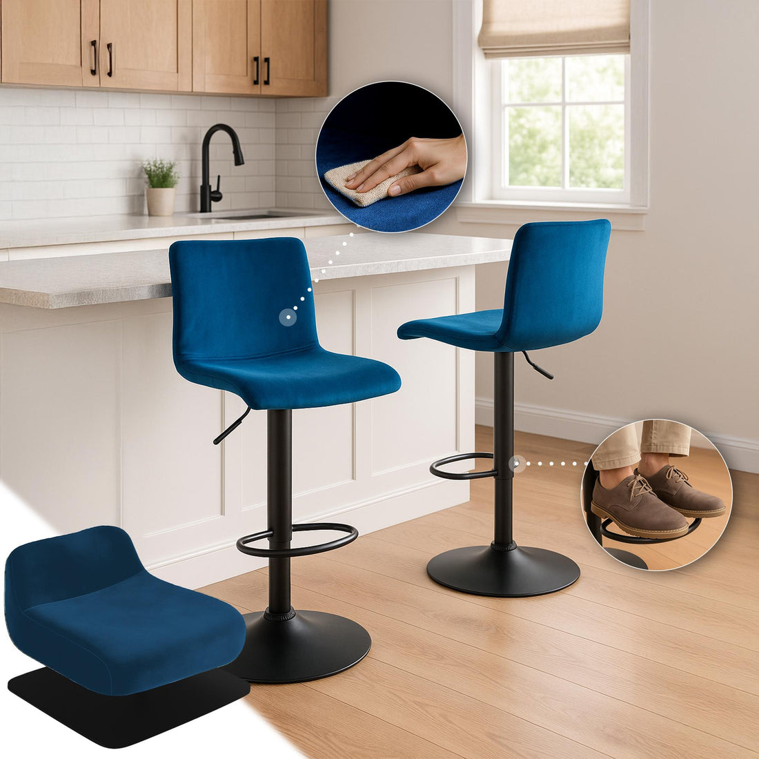Moderne Fluwelen Barkruk - Luxe Zitje - Verstelbaar & 360° Draaibaar Frame Kleur blauw