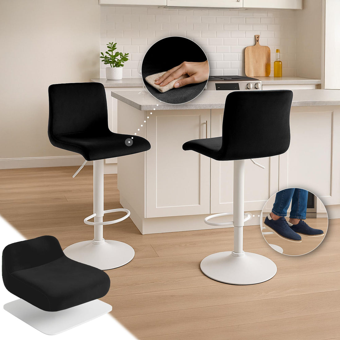 Moderne Barkruk - Comfortabele Stool - Verstelbaar Zitvlak, Fluweel & Metaal Design Kleur zwart