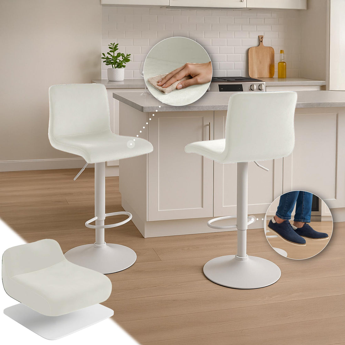 Barkruk - Stoel - Verstelbaar Fluwelen Comfort, 360° Draaibaar Kleur crème