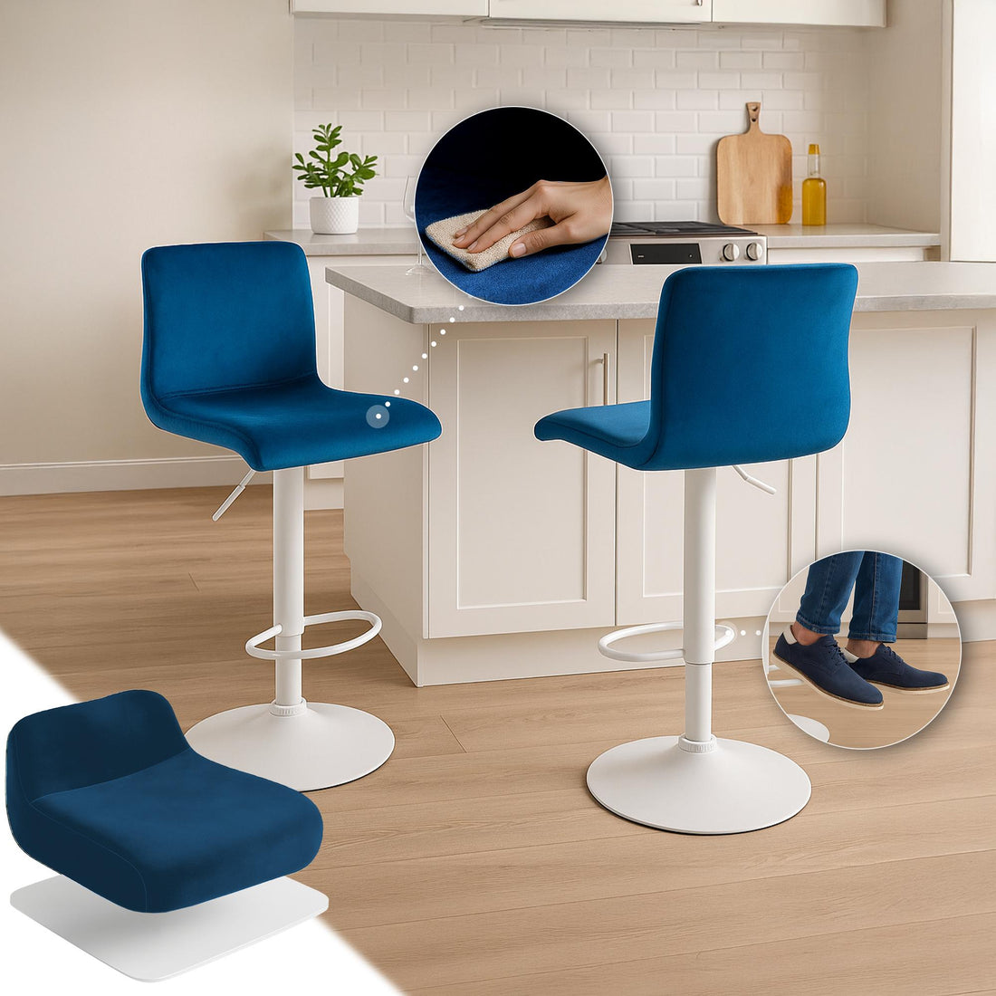 Barkruk Fluweelbekleding - Luxe Design - Verstelbaar & 360° Draaibaar Kleur blauw