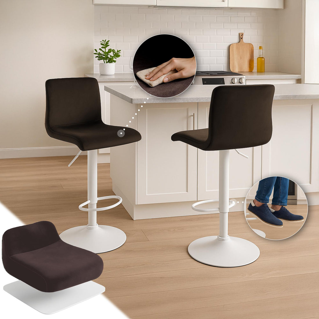 Barkruk, Fluwelen Kruk - Hoog Zitcomfort - Traploos Verstelbaar Frame, Luxe Barkrukken Kleur bruin