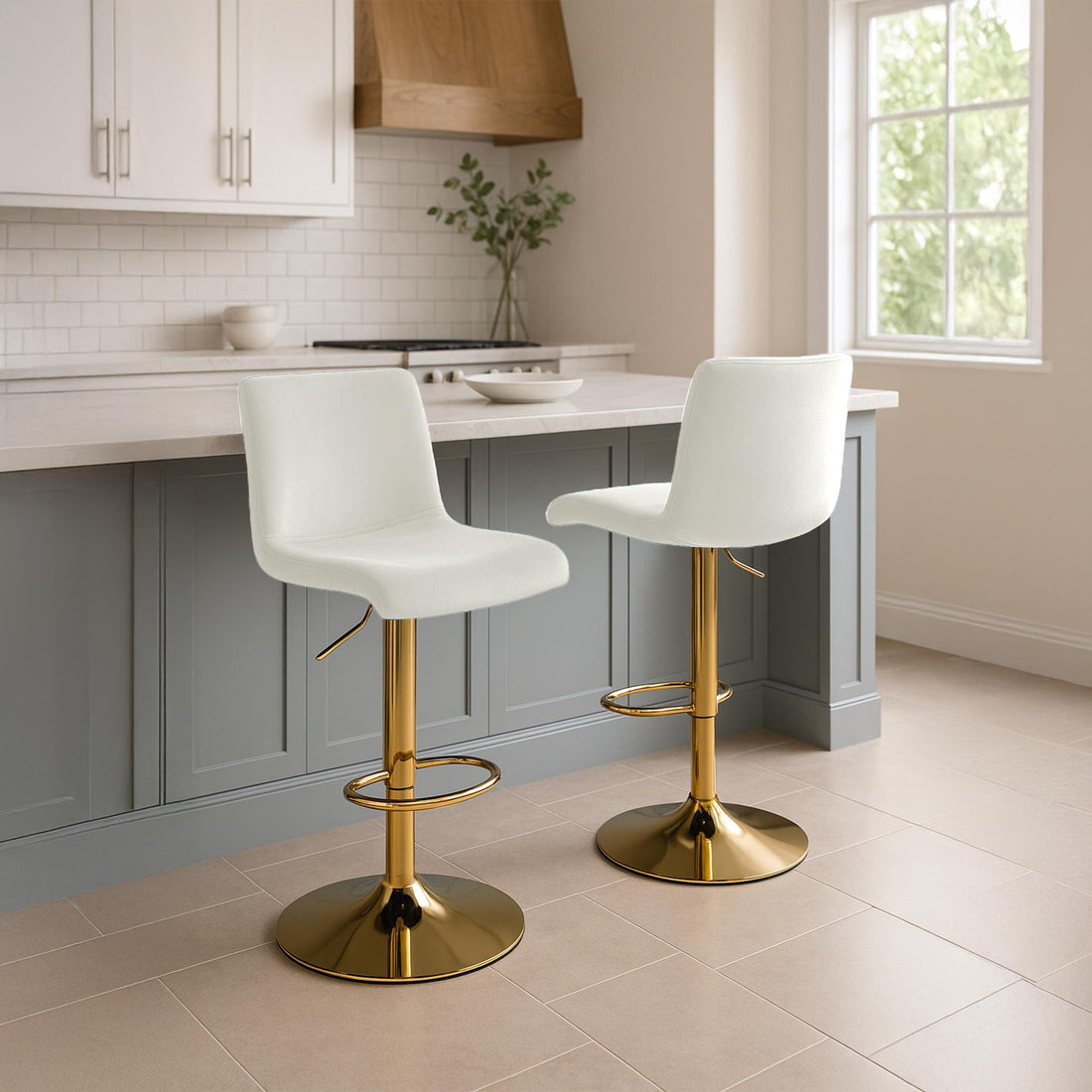 Fluwelen Barkruk - Barstoel - Verstelbaar Frame, Hoog Zitcomfort Kleur crème