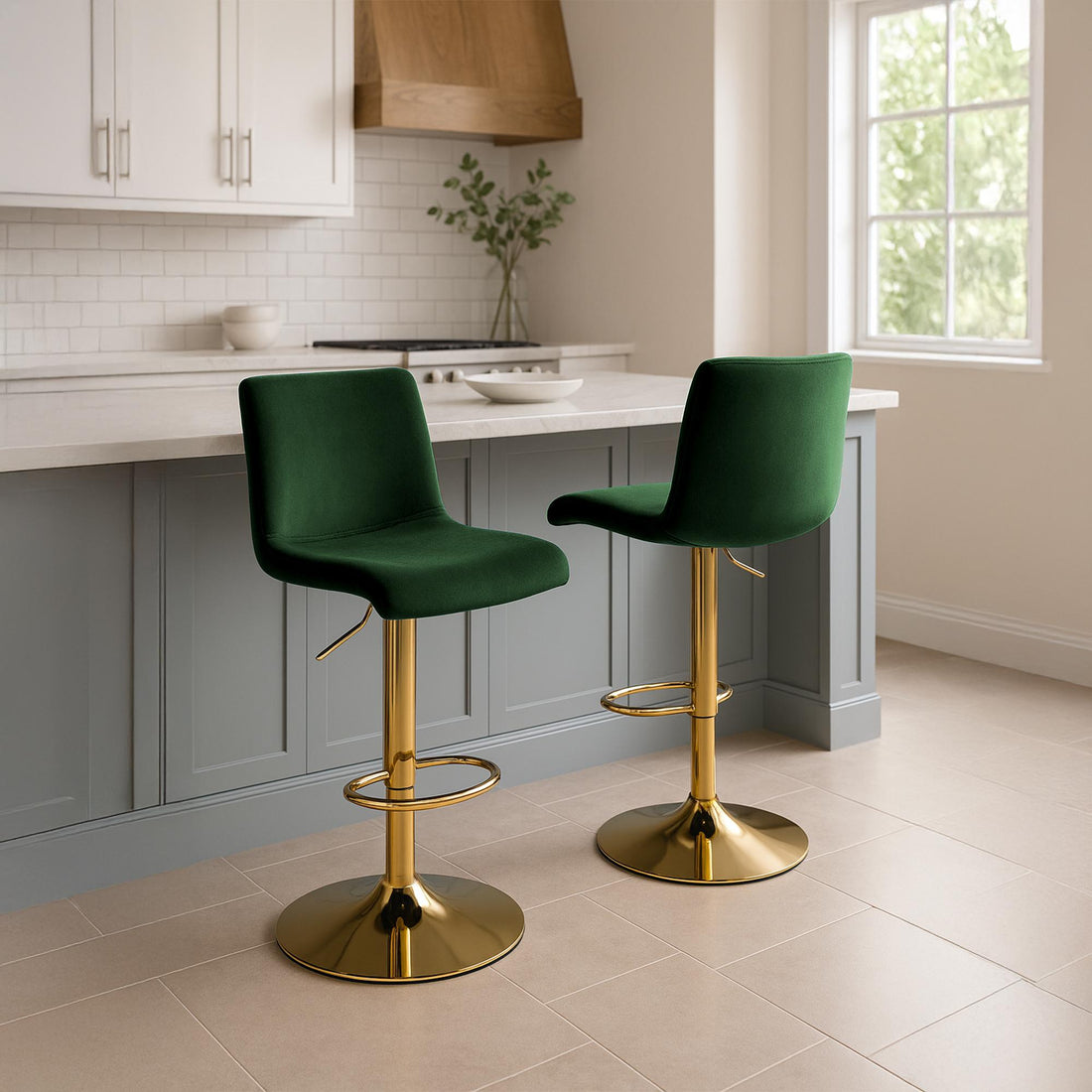 Moderne Fluwelen Barkruk - Luxe Hocker - Optimaal Zitcomfort, Verstelbaar & 360° Draaibaar Kleur groen