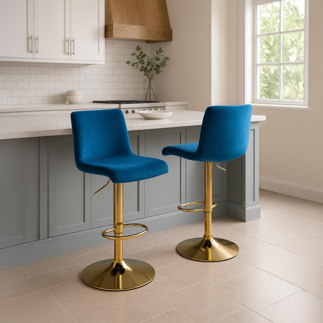 Barkruk Fluweel Verstelbaar, Moderne Kruk, 360° Draaibaar Kleur blauw