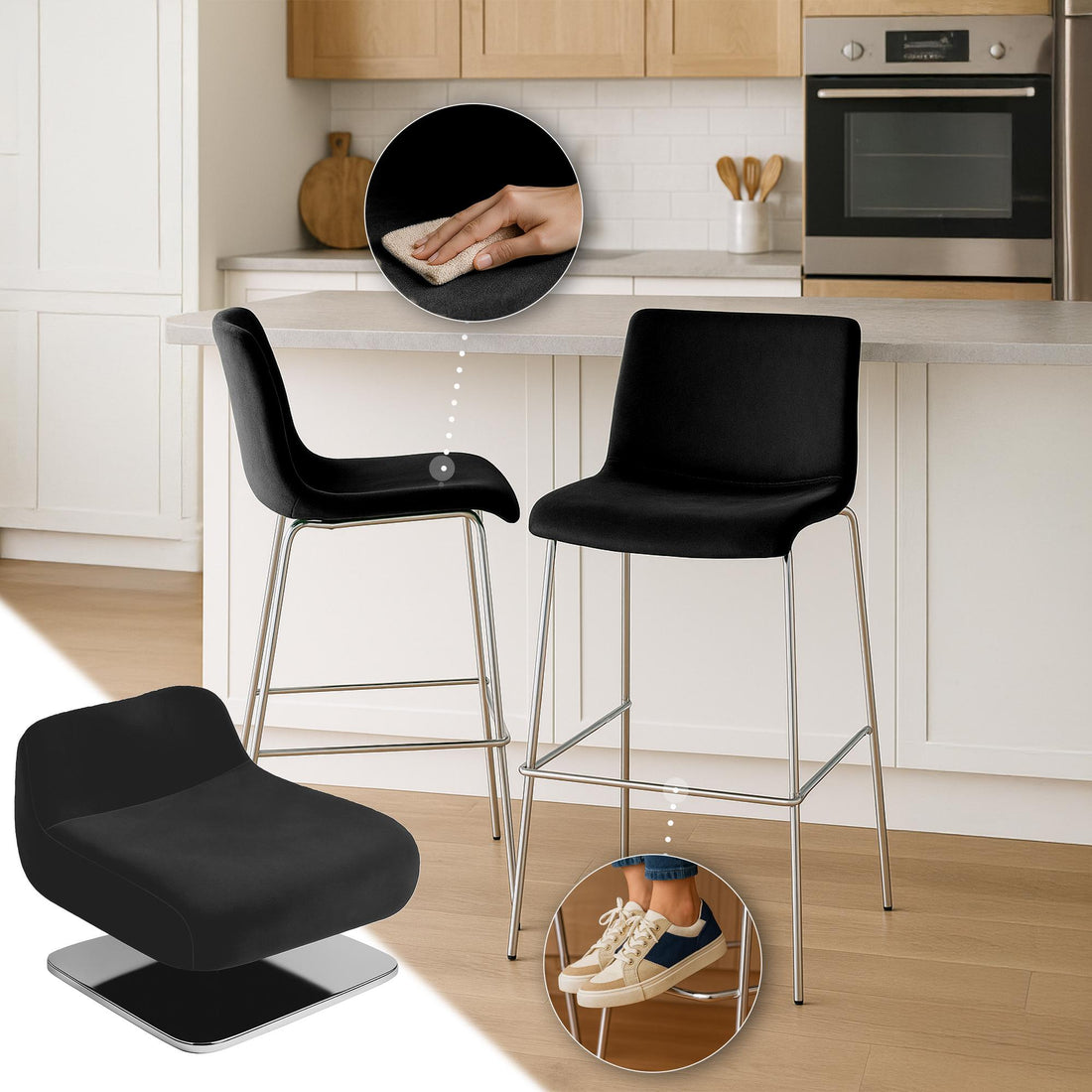Barkruk Fluweel – Velvet Kruk – Ergonomisch Comfort – 75cm zithoogte, Chroom, Vloerbeschermers Kleur zwart