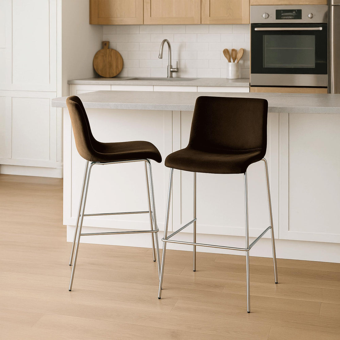 Barkruk fluweel – Barstoel, extra zitcomfort, stevig vierpoots frame, luxe chroom, bruin Kleur bruin