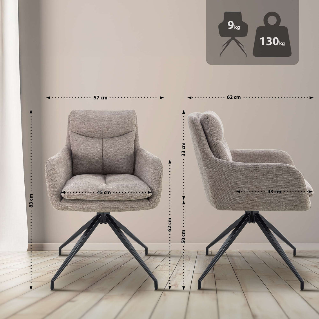 Set van 2 Eetkamerstoelen - Keukenstoelen - Ergonomisch Comfort Kleur taupe