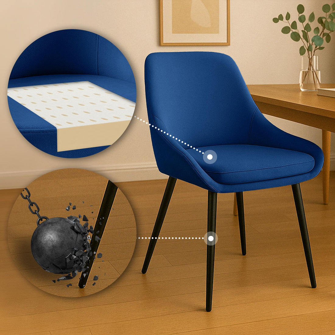 Set van 2 Eetkamerstoelen - Fluwelen Stoelen - Ergonomisch Comfort - Donkerblauw, Matzwart Metaal Kleur donkerblauw