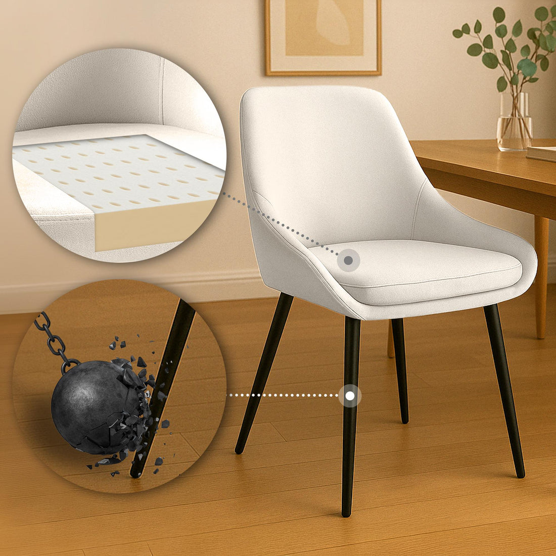 Set van 2 eetkamerstoelen – Fluwelen stoelen – Ergonomisch comfort – Zwart metaal – Elmira crème Kleur crème