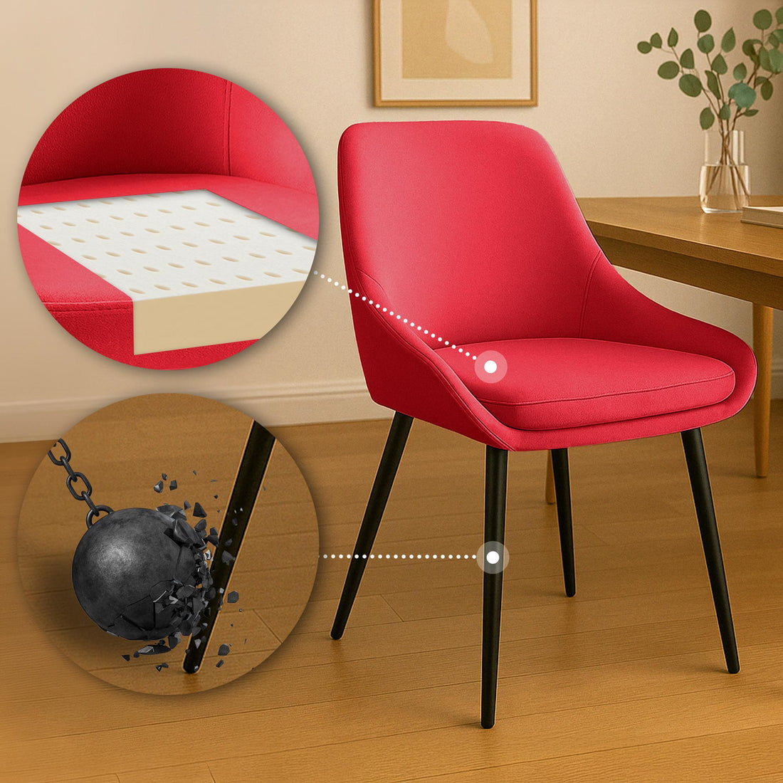 Set van 2 fluwelen eetkamerstoelen - Kuipstoelen - Ultiem zitcomfort, zwart metalen poten Kleur rood