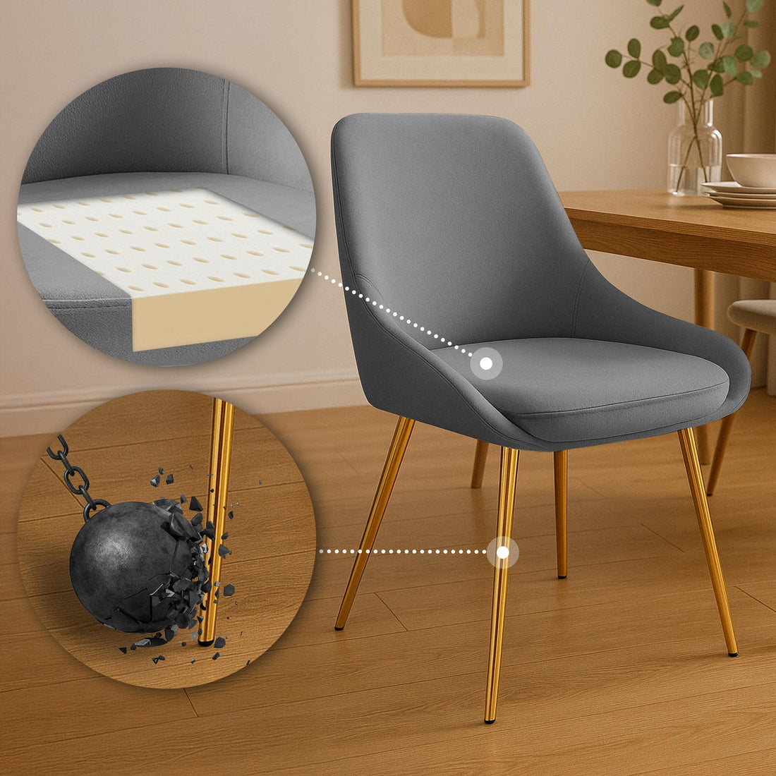 Set van 2 Eetkamerstoelen - Fluwelen Stoelen - Goudkleurig Frame - Luxe & Comfortabel Kleur donkergrijs