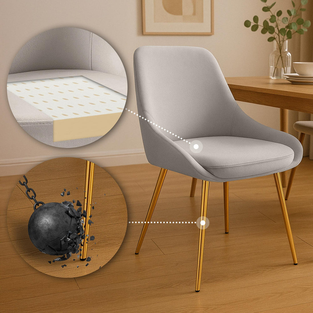Set van 2 moderne eetkamerstoelen - Fluwelen stoelen - Gouden poten, extra comfortabel, duurzaam Kleur grijs