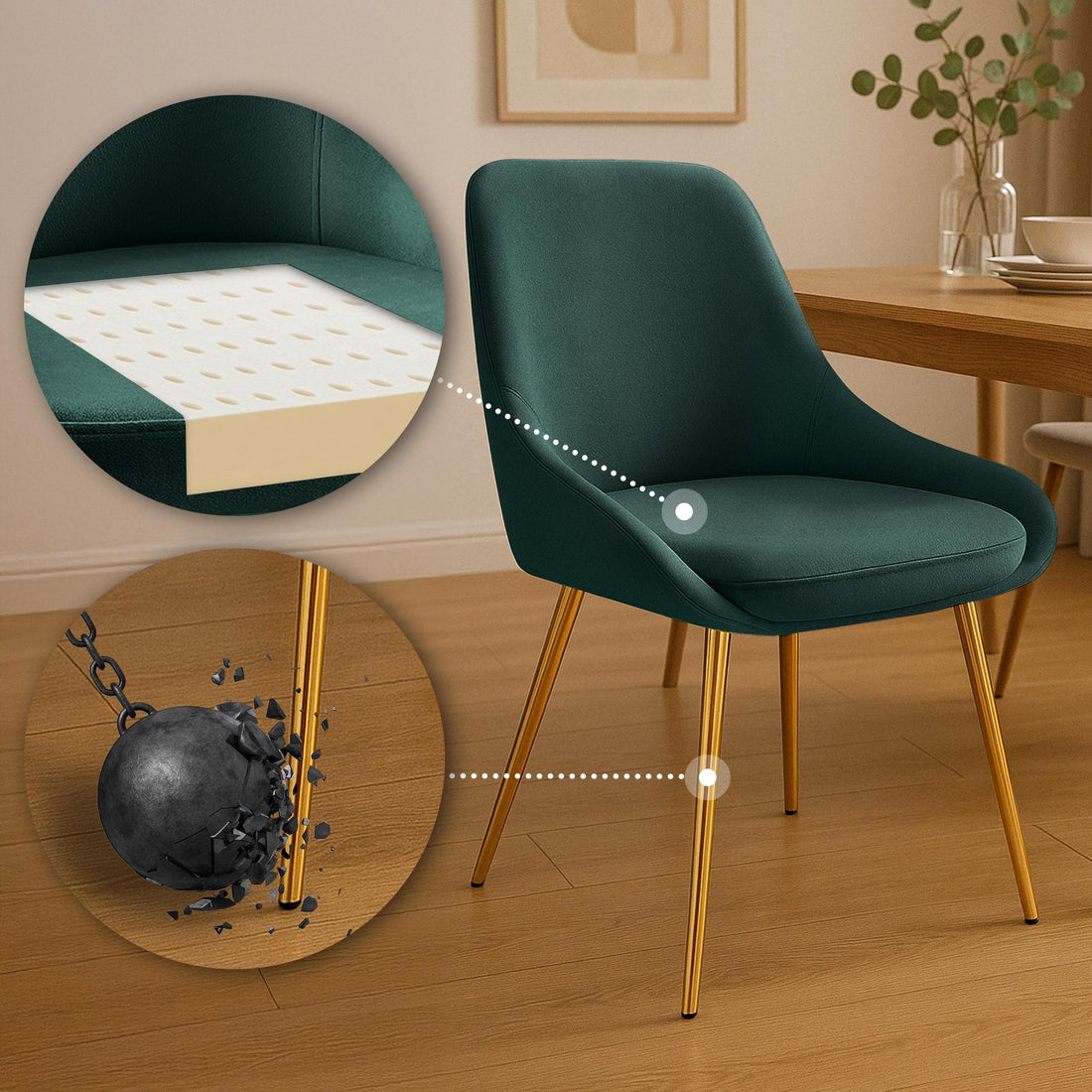 2-delige set Eetkamerstoelen - Velvet Stoelen - Comfortabel zitgemak, Gouden onderstel, Groen Kleur groen