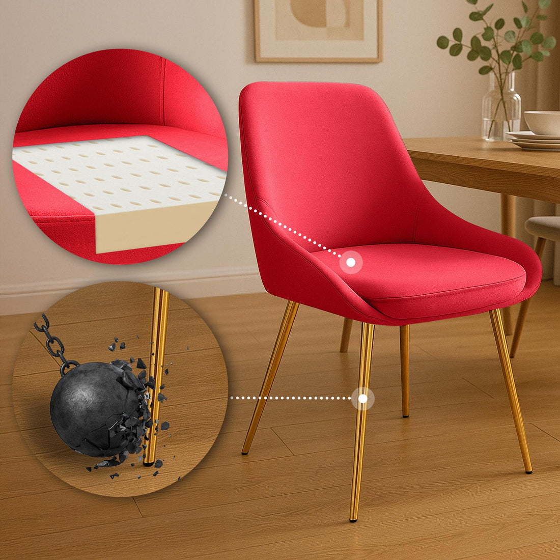 2-delige set Eetkamerstoelen - Fluwelen stoelen - Extra zitcomfort, eenvoudig te monteren, rood/goud Kleur rood