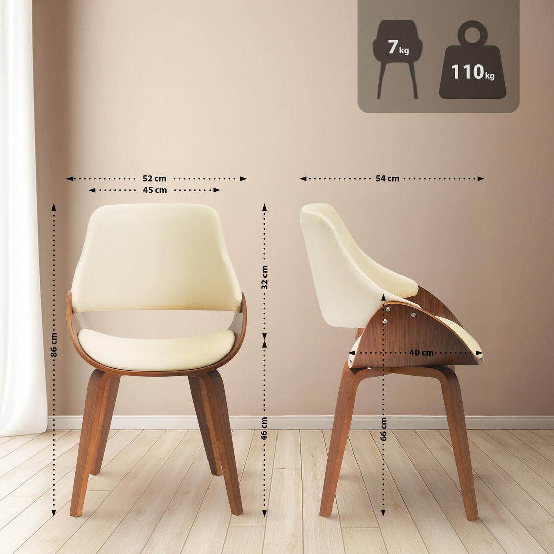 2x Eetkamerstoelen - Kuipstoelen - Comfort & Kunstleer - Walnoot/Crème, voor keuken of woonkamer Kleur noten/crème