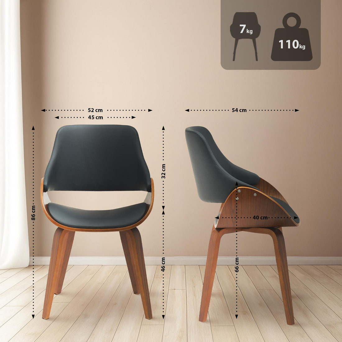 2-delige set Eetkamerstoelen - Keukenstoelen - Kunstleer & Walnoot, Comfortabel & Duurzaam Kleur noten/zwart