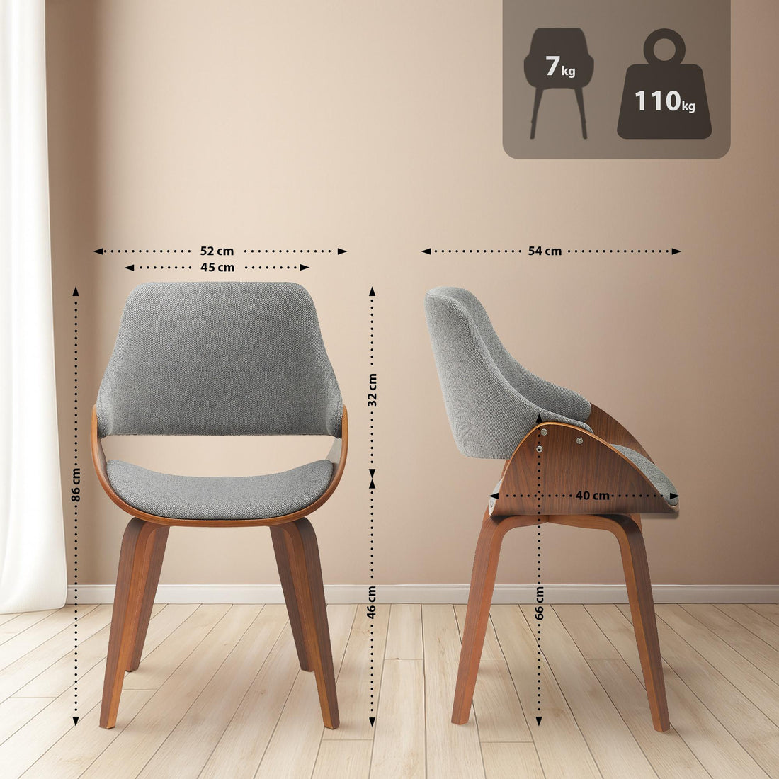 2-delige set Eetkamerstoelen - Keukenstoelen - Comfortabel & elegant, walnoot/donkergrijs, stof Kleur noten/donkergrijs